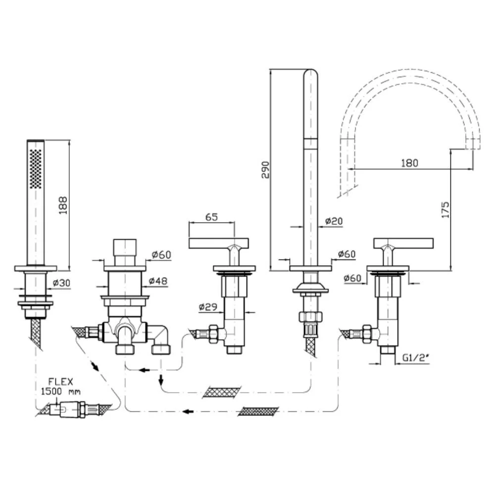 Zucchetti Pan S 5-hole deck-mounted bath mixer ZPA5514