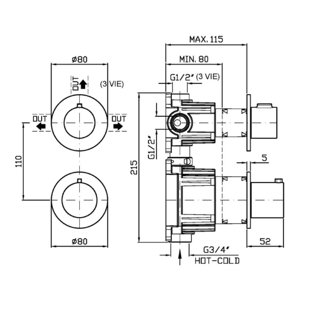 Zucchetti Pan S Thermostatic shower mixer with 2/3-way diverter ZPA806